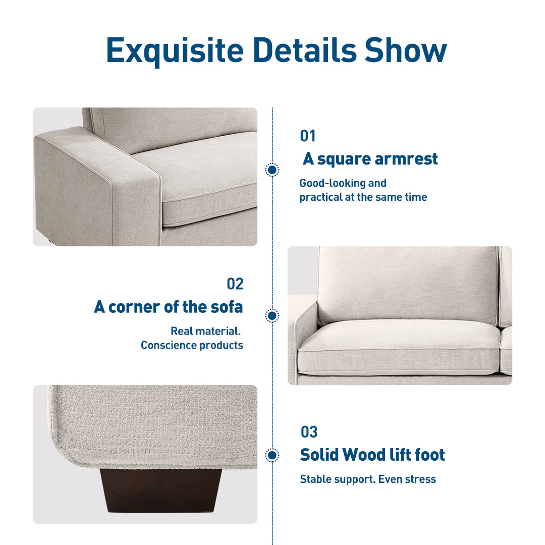 A square armrest Good-looking andpractical at the same time，A corner of the sofa Real material.Conscience products，Solid Wood lift foot Stable support. Even stress