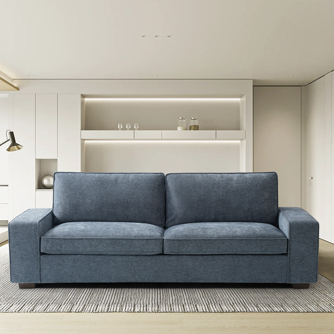 88.58" wide, blue solid wood frame modern 3 person sofa with removable cushions and seat cushions
