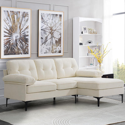 white, 85" wide combination sofa with chenille upholstered L-shaped sofa