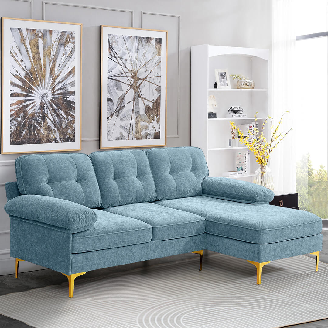 blue，85" wide sectional sofa, chenille upholstered L-shaped sofa