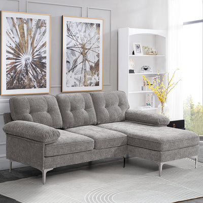Grey, 85" wide combination sofa with chenille upholstered L-shaped sofa