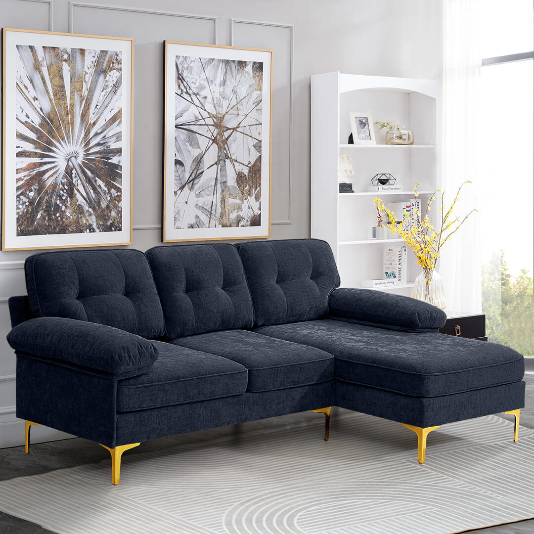 Dark Blue，85" wide sectional sofa, chenille upholstered L-shaped sofa