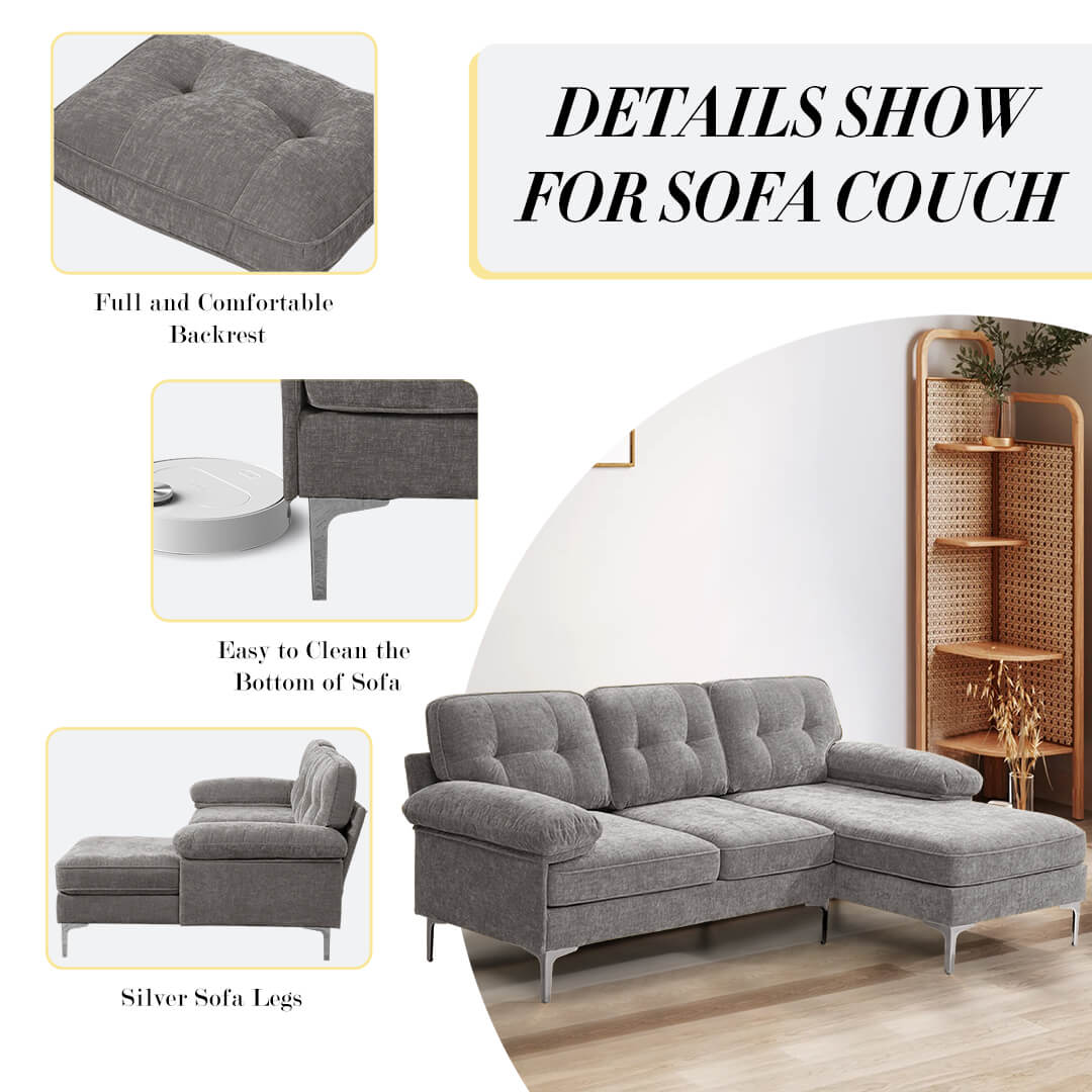 85" Wide Sectional Sofa, Chenille Upholstered L-shaped Sofa